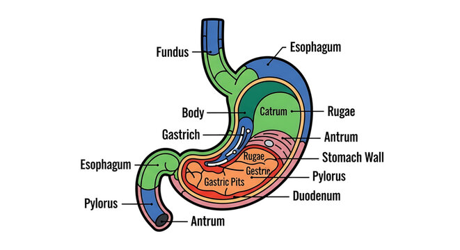 A detailed vector graphic illustration of the human stomach anatomy with labeled parts