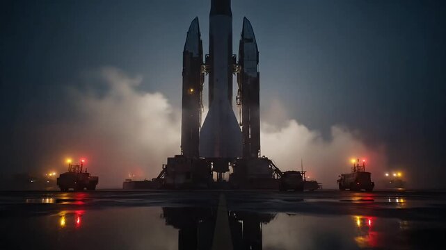 Rocket launch at night with smoke and lights
