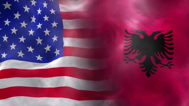 USA-Albania Strategic Partnership and Transatlantic Alliance 2026. Two Flags of USA and Albania Waving Seamlessly 4k