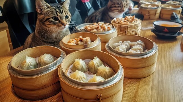 Cats enjoying a dim sum feast