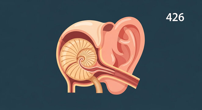 A detailed vector illustration of a human ear anatomy with a cutaway view showing the inner ear structures.