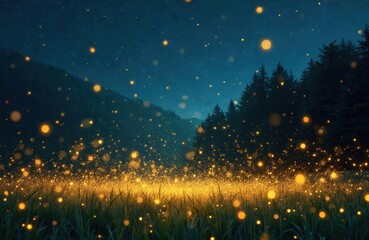 Obraz premium Magical night field glows with countless fireflies lighting up grass and trees. Tiny bioluminescent insects create dreamlike atmosphere. Nature scene with sparkling lights in dark forest.