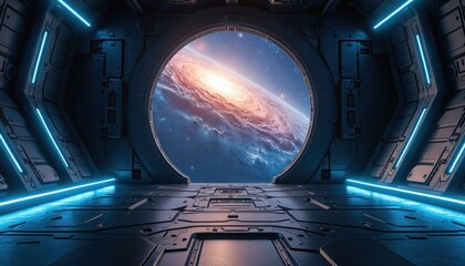 Fototapeta premium Interior of futuristic spacecraft docking bay looking out at galaxy and stars. Blue neon lights illuminate metal floor and walls. Space station view.