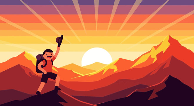 Adventurer Reaches Mountain Summit At Vibrant Sunrise With Hat Raised High