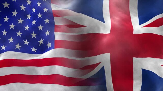USA and United Kingdom Flags Waving Together with Realistic Fabric Texture. Comparison of US and UK National Flags Waving in Slow Motion