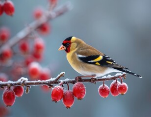 Obraz premium European goldfinch perches on frosted branch with red berries. Small bird with yellow white and black plumage sits on frozen bush. Wild fauna in winter nature.