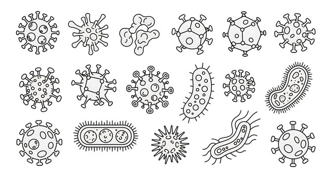A set of various virus and bacteria illustrations in a minimalist line art style for medical or scientific use