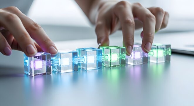 Blockchain Technology Concept with Hands Connecting Glowing Digital Data Cubes for Cryptocurrency, Cybersecurity, and Secure Network Solutions
