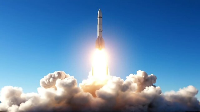 rocket launching into clear blue sky with explosion of flames and smoke