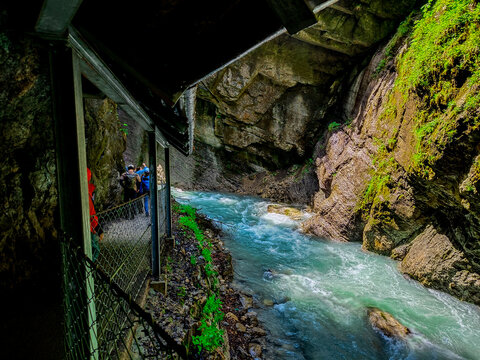 Garmisch - Partenkirchen, Germany - June 6, 2025 :  Partnachklamm, Gorge and canyon in Garmisch Partenkirchen, Eckbauer mountain, Bavaria Germany