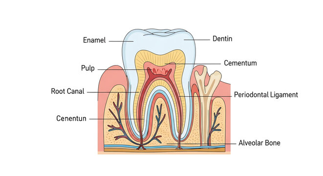 A detailed vector graphic illustration of a tooth anatomy, showing enamel, dentin, pulp, and other dental structures.