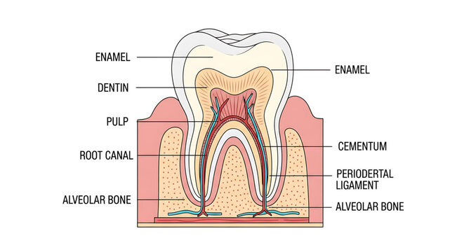 A detailed vector graphic illustration of a tooth anatomy, showing enamel, dentin, pulp, root canal, and alveolar bone