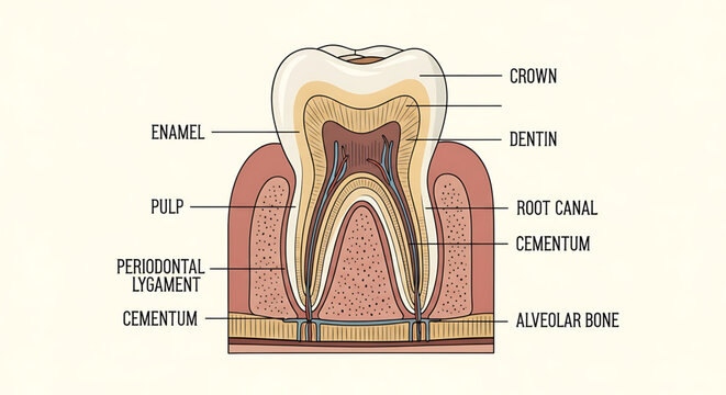 A detailed vector illustration of a tooth anatomy diagram showing its various labeled parts