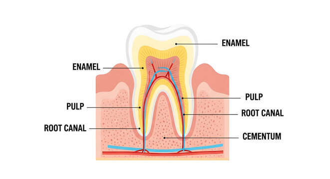 A detailed vector graphic illustration of a tooth anatomy showing enamel, pulp, root canal, and cementum