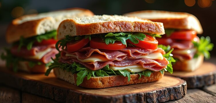 Gourmet deli sandwiches packed with roast beef, cheese, tomatoes, and fresh greens. Served on rustic wooden boards, perfect for lunch or a hearty snack.