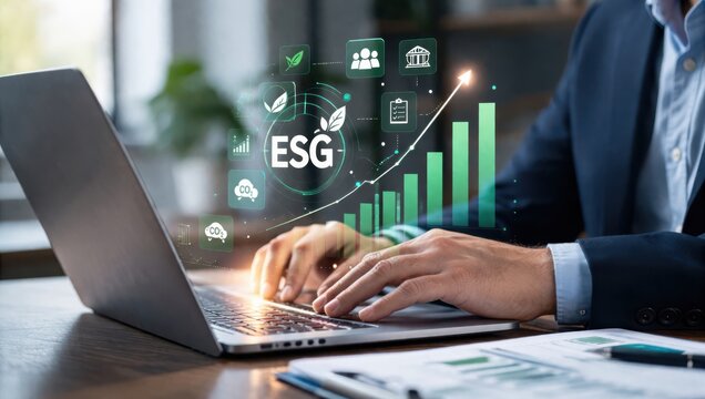 ESG Performance Dashboard with Growth Analytics and Sustainable Business Indicators on Laptop