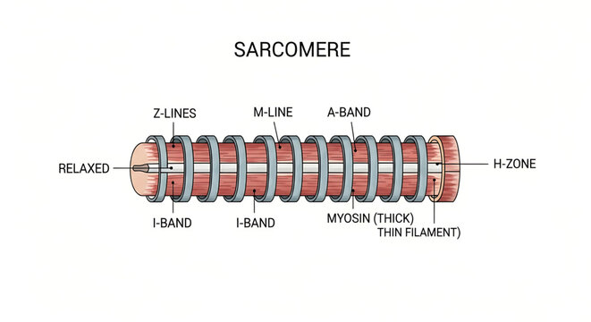 A detailed illustration of a sarcomere, the functional unit of striated muscle tissue, showing its various components.