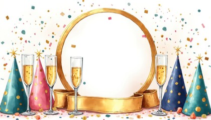 Fototapeta premium Festive watercolor background with champagne flutes, party hats, and falling confetti. Golden circle frame with ribbon for text. Celebrate New Year, holidays, birthdays or any special event.