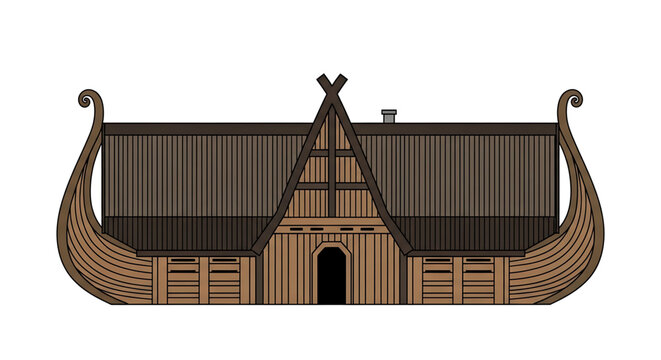 A traditional Viking longhouse with a wooden boat-shaped design and a brown roof