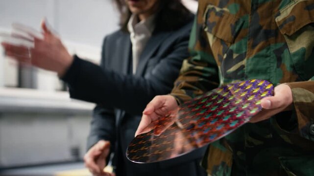 Silicon waver, national security operation and soldier speaking with microelectronics factory senior manager. Chatting, semiconductor substrates supply chain and army officer with technician