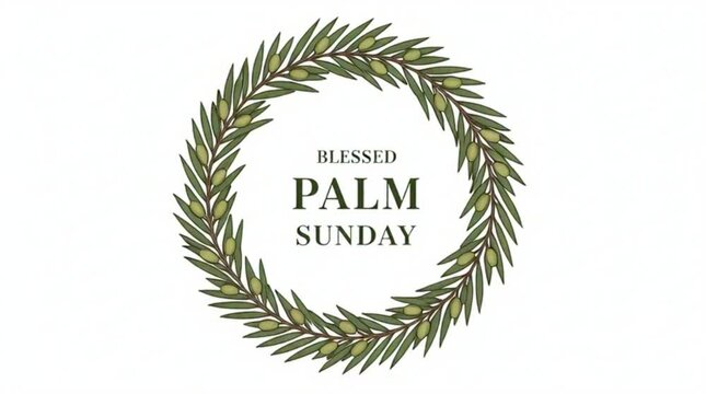 Circular badge-style vector, palm branch wreath, centered text &ldquo;Blessed Palm Sunday&rdquo;, simple white background