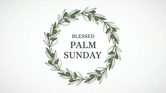 "Blessed Palm Sunday" is centered in a circular badge-style vector with a palm branch wreath on a plain white background