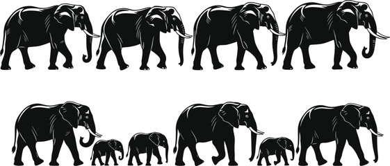 Set of black elephant silhouettes with detailed tusks and trunks including adult and baby elephants isolated on white for wildlife design, © Ja Shofik