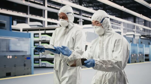 Holding processed silicon wafer, automation and multiethnic team of specialists in manufacturing facility. Inspecting microelectronic hardware, quality control, and teamworking colleagues, camera B