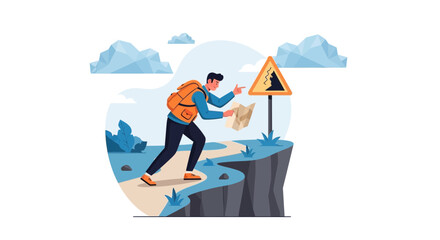 Fototapeta premium Adventurous Hiker Consults Map Near Cliff Edge With Warning Sign