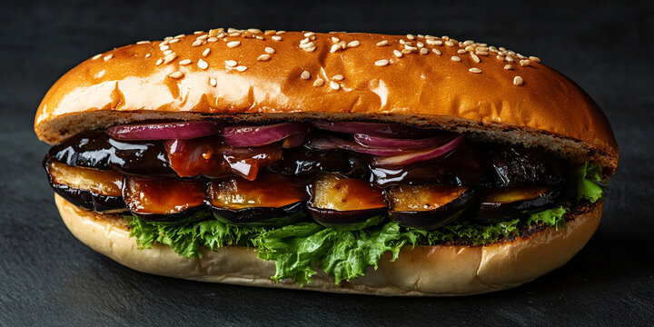 Miso eggplant sandwich on a dark background