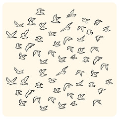Naklejka premium Minimalist Sketch of a Large Flock of Birds Flying in the Sky