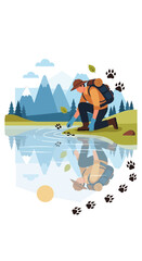 Fototapeta premium Adventurous Hiker Investigates Animal Tracks by Serene Mountain Lake