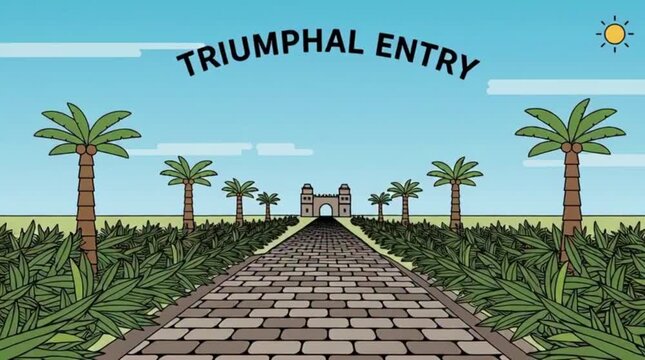 "Triumphal Entry" is the title of a flat vector image of a route with palms spread out