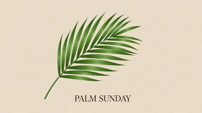 Minimalist beige background, single green palm leaf, serif text &ldquo;Palm Sunday&rdquo;