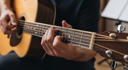 Obraz premium Close up of person playing acoustic guitar.