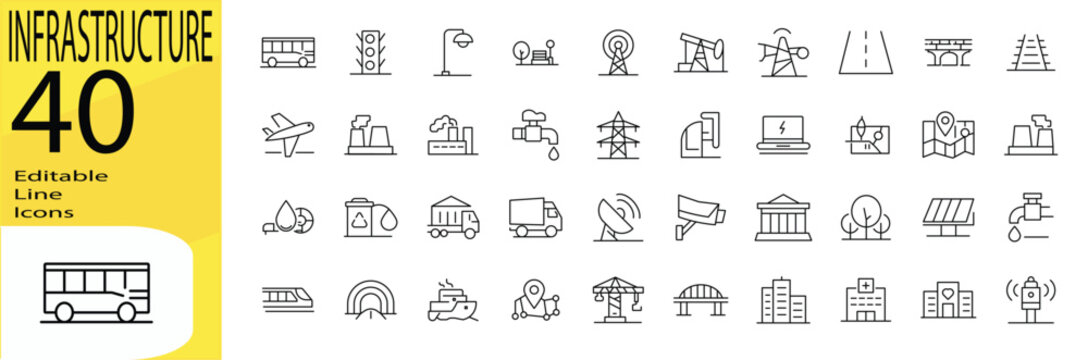 Infrastructure icon set. Editable stroke.