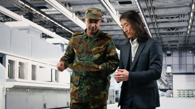 Soldier and engineer in microchip factory enforcing measures to increase semiconductor production. Army officer collaborates with technician to minimize reliance on foreign supply chains, camera B