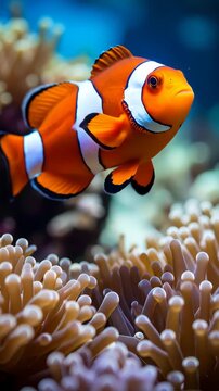 Vibrant Clownfish Swims Gracefully Through Coral Reef Ecosystem.
