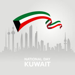 Naklejka premium Vector art for Kuwait National Day featuring a stylized waving flag above a grey silhouette of the Kuwait City skyline, including the Kuwait Towers. Clean flat design.