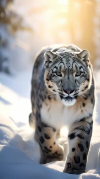 Majestic Snow Leopard Walking Through Snowy Landscape.