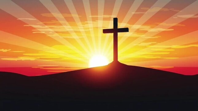 Vector sunrise scene with cross on hill, palm branches foreground, headline &ldquo;Welcome the King&rdquo;