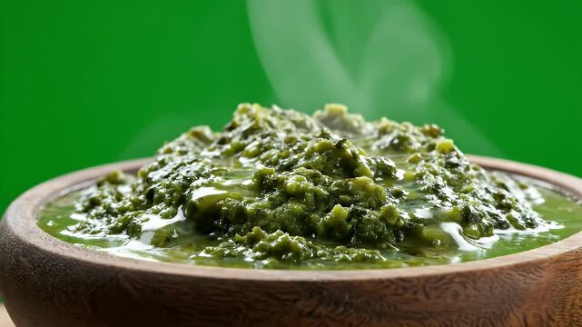Steaming Hot Bowl of Matapa Stew With Lush Green Background Cinematic Food Commercial Video Close Up