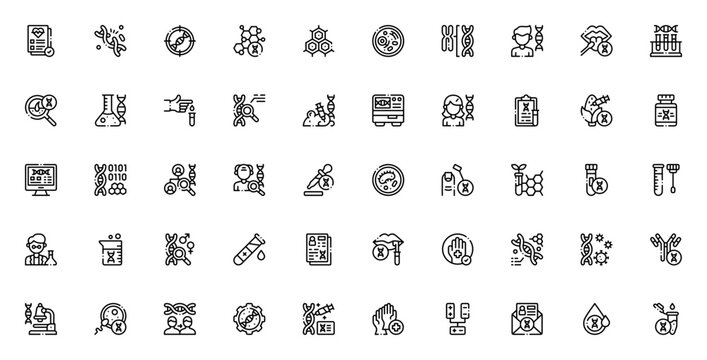DNA Test icon set. Vector illustration for health, gene mutation, cell, chromosome, paternity, research, biotechnology, medicine, and science. Editable stroke.