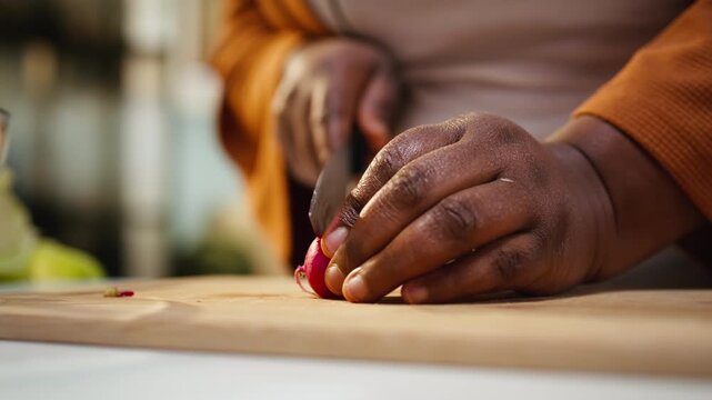 Close up of food influencer doing meal prep for a salad bowl, cutting radish and other vegetables on the cutting board. Filming a video with the cooking process and culinary advice.