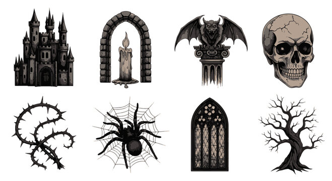 Gothic Halloween Elements Castle Skull Spider Thorny Branches and Bare Tree