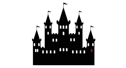 Obraz premium Black Castle Silhouette with Red Door on White Background