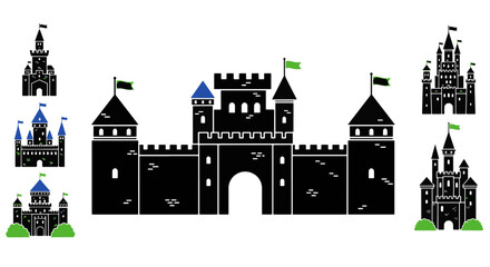 Fototapeta premium Collection of Stylized Black Castles and Towers with Flags
