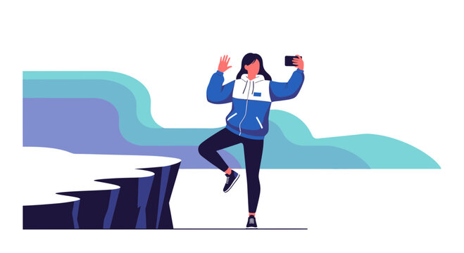 Adventurous Woman Captures Scenic Cliffside Selfie with Vibrant Colors