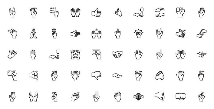 Hand gestures icon set. Vector symbol collection for communication, interaction, and expression. Includes thumbs up, heart, stop, wave, high five, peace, fist, and more. Editable line icons.