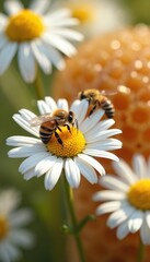Obraz premium Bee collecting pollen from daisy flower. Honeycomb background. Insect on white petals. Nature macro detail. Summer garden life. Organic farming. Beeswax production. Wild flora.